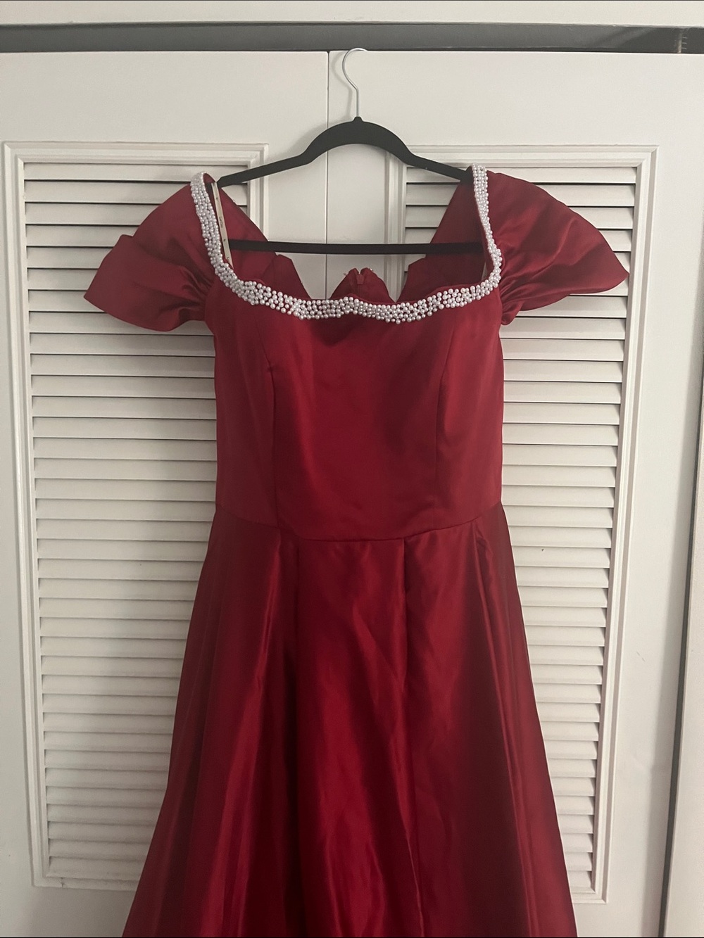 Red Off-Shoulder Prom Dress with Pearl Trim